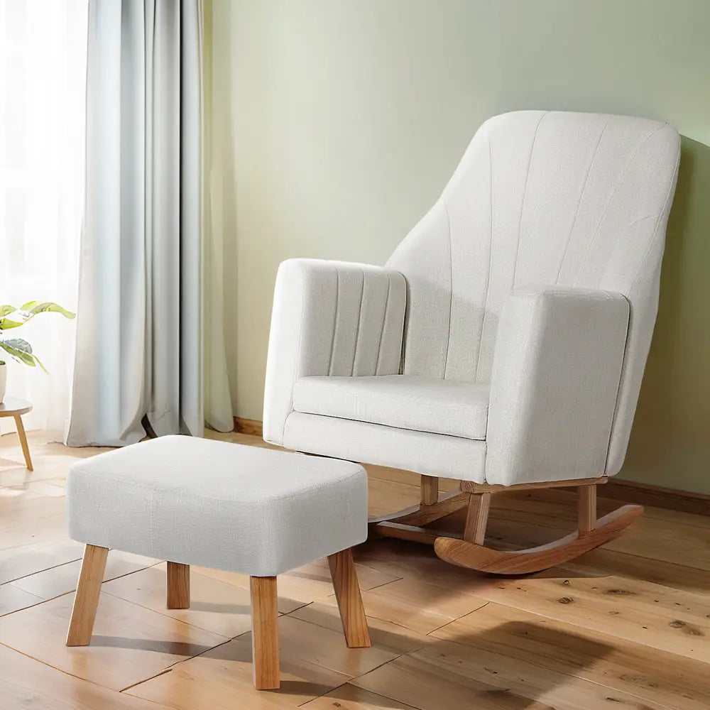 Artiss Rocking Chair Armchair Linen Fabric Beige Jonah - Furniture > Bar Stools & Chairs > Arm Chairs & Recliners