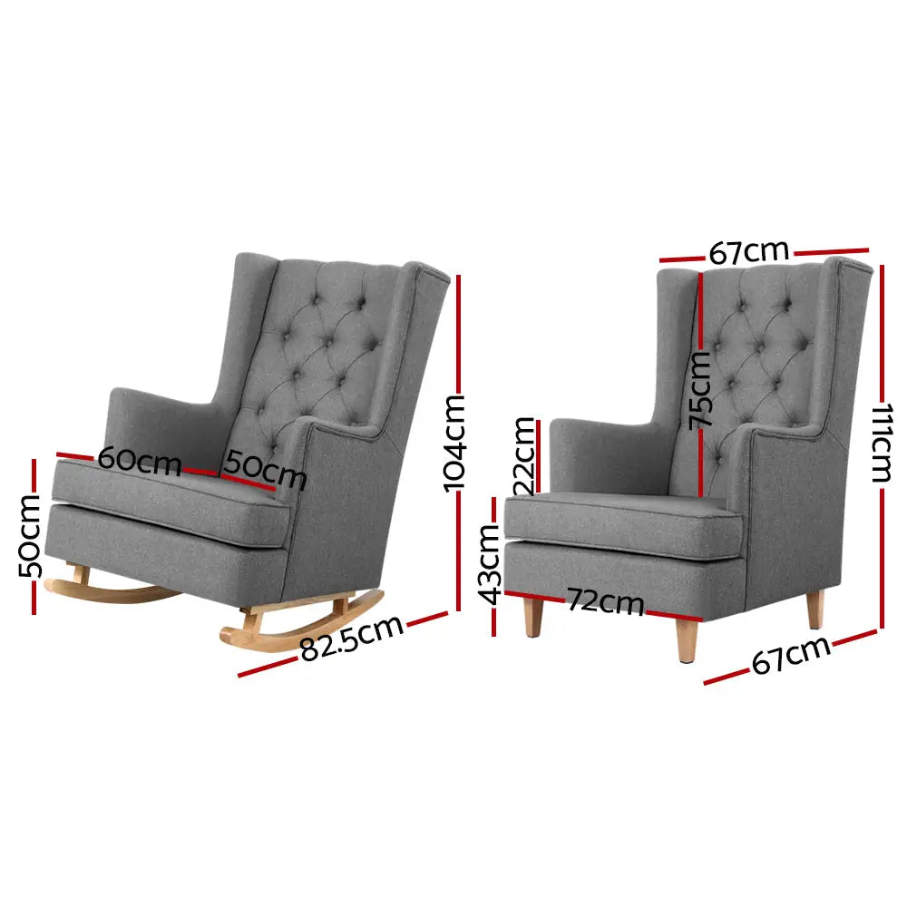 Artiss Rocking Chair Armchair Linen Fabric Grey Gaia - Furniture > Bar Stools & Chairs > Arm Chairs & Recliners