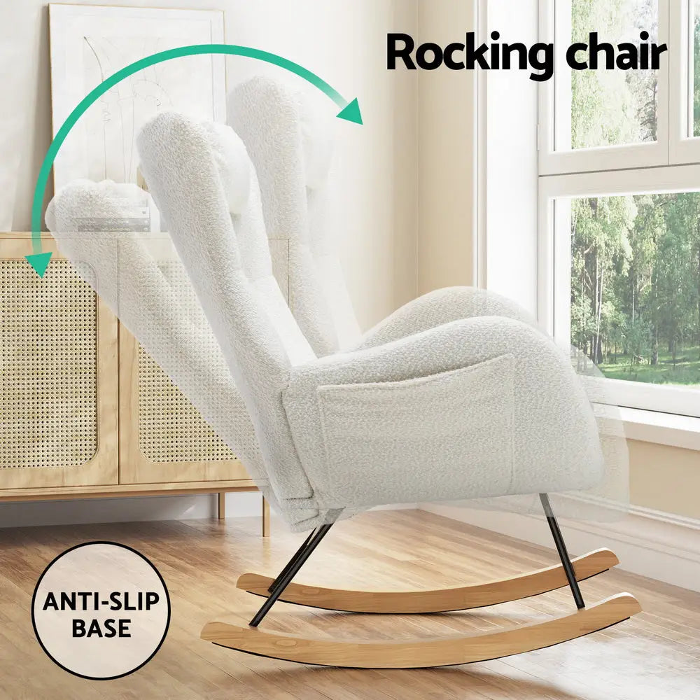 Artiss Rocking Chair Armchair Pillow Boucle White - Furniture > Bar Stools & Chairs > Arm Chairs & Recliners