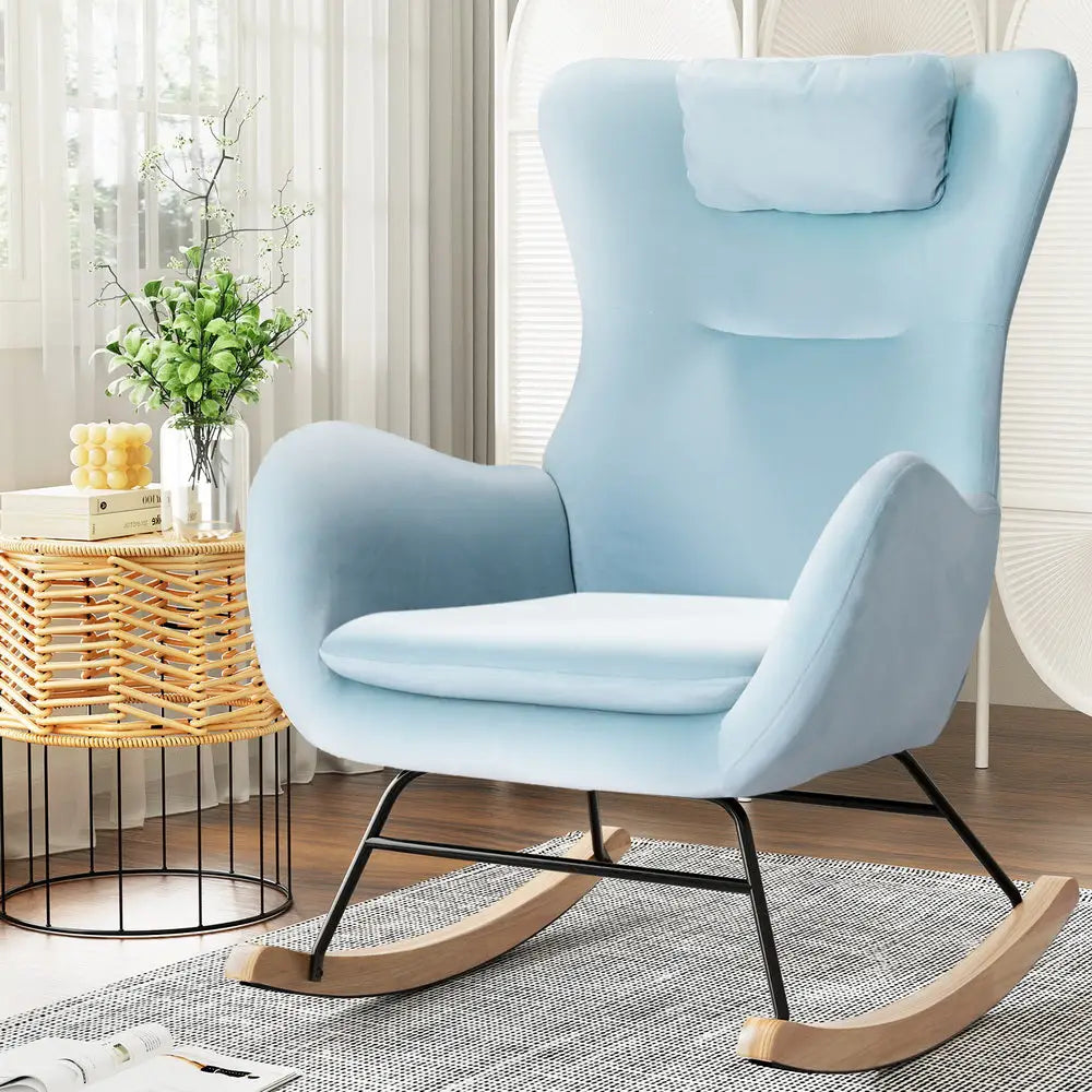 Artiss Rocking Chair Velvet Armchair Feeding Chair Blue - Furniture > Bar Stools & Chairs