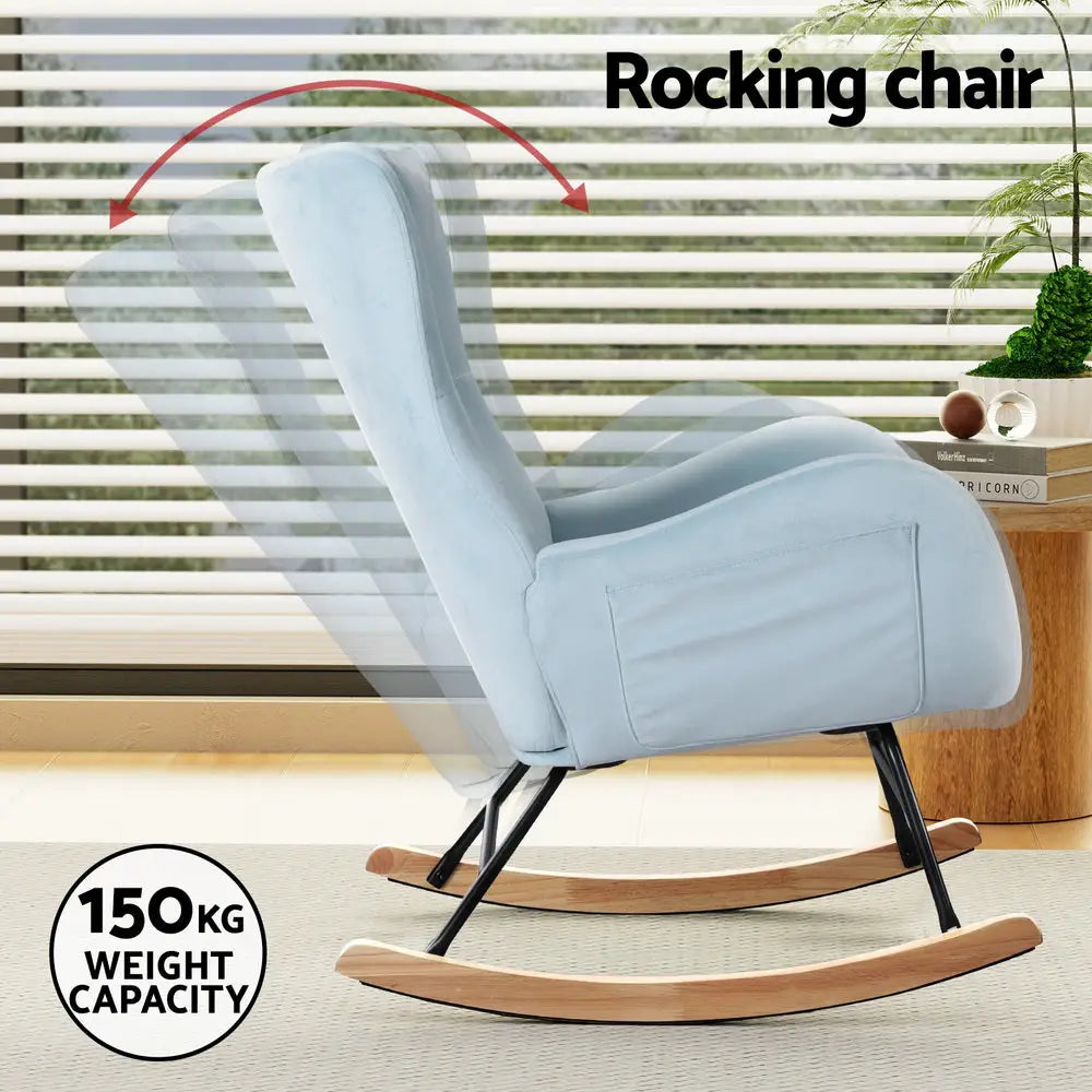 Artiss Rocking Chair Velvet Armchair Feeding Chair Blue - Furniture > Bar Stools & Chairs
