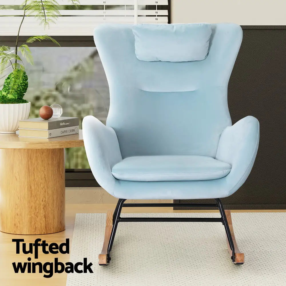 Artiss Rocking Chair Velvet Armchair Feeding Chair Blue - Furniture > Bar Stools & Chairs