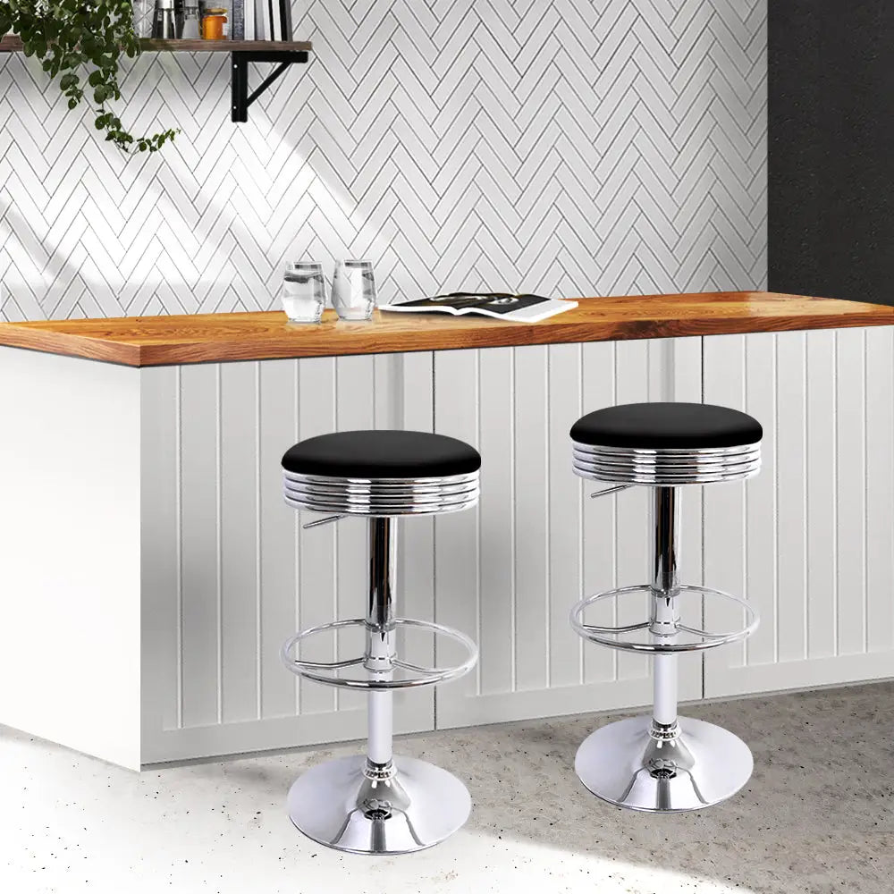 Artiss Set of 2 Backless PU Leather Bar Stools - Black and Chrome - Furniture > Bar Stools & Chairs