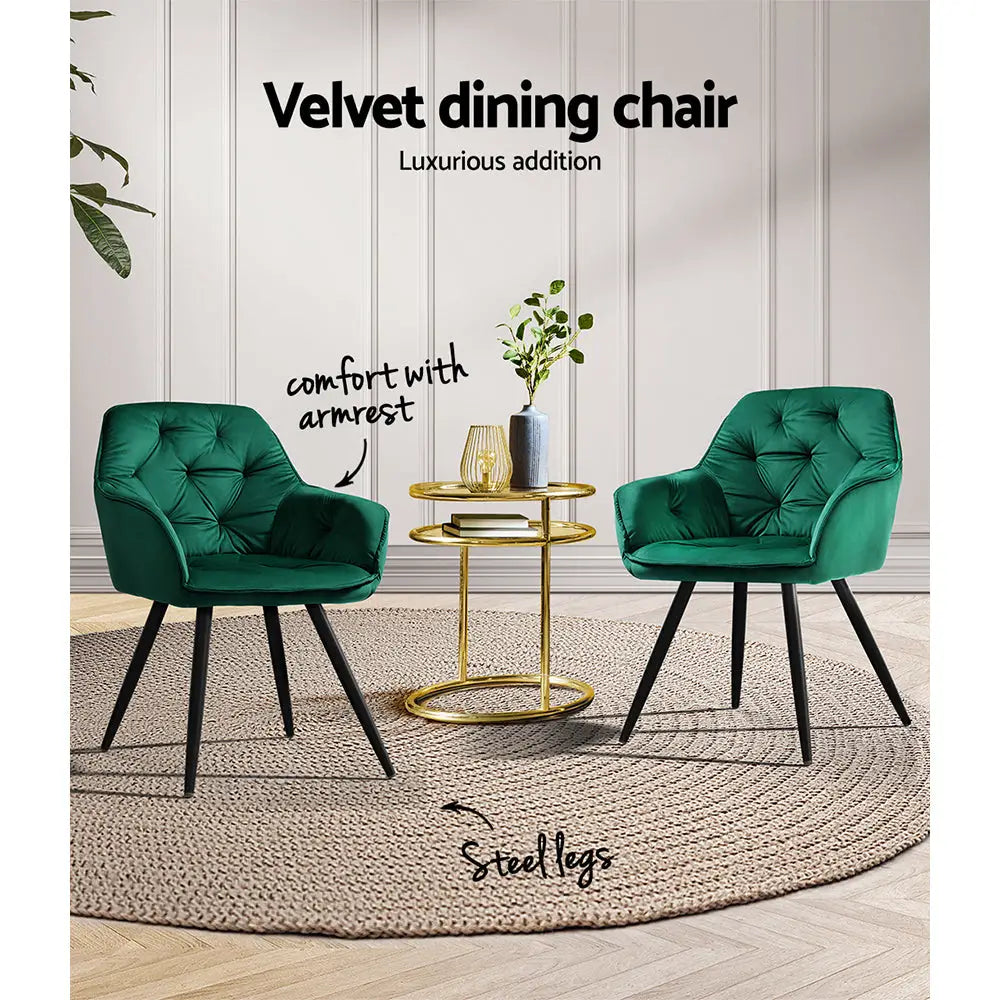 Artiss Set of 2 Calivia Dining Chairs Kitchen Chairs Upholstered Velvet Green - Furniture > Dining
