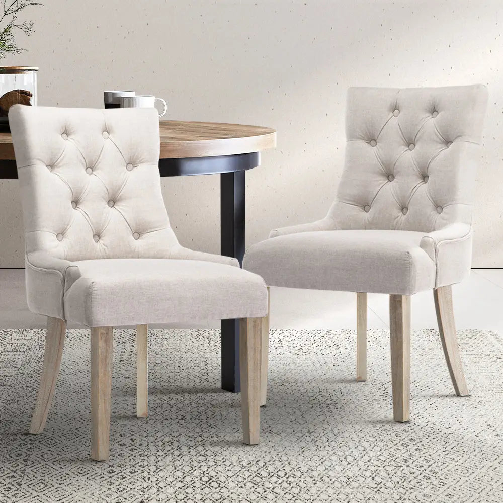 Artiss Set of 2 Dining Chair Beige CAYES French Provincial Chairs Wooden Fabric Retro Cafe - Furniture > Dining