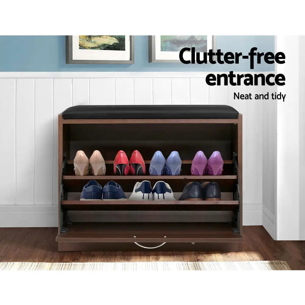 Artiss Shoe Bench Shoe Cabinet 15 Pairs Walnut Kyla - Furniture > Living Room