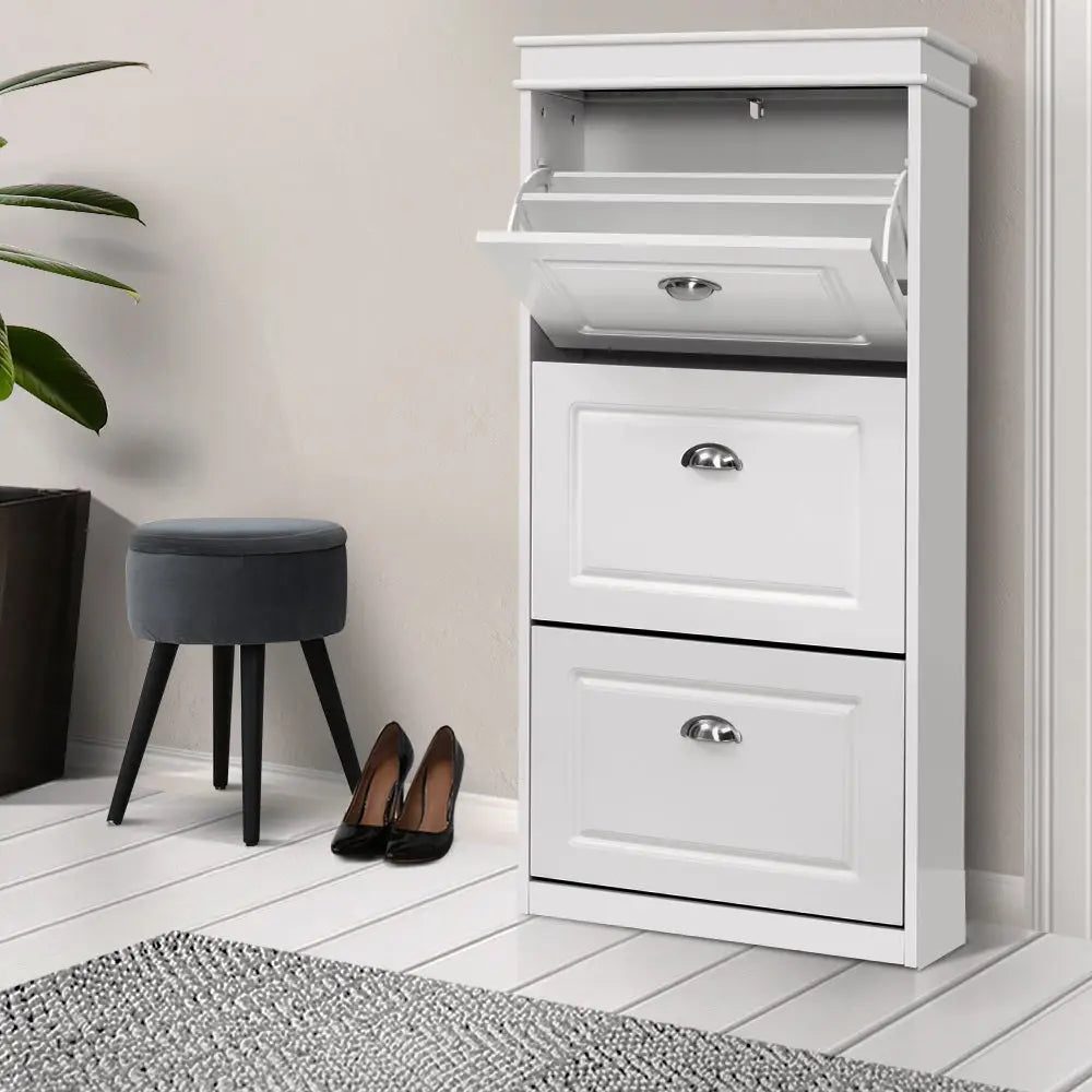 Artiss Shoe Cabinet 18 Pairs 3-tier White Sena - Furniture > Living Room