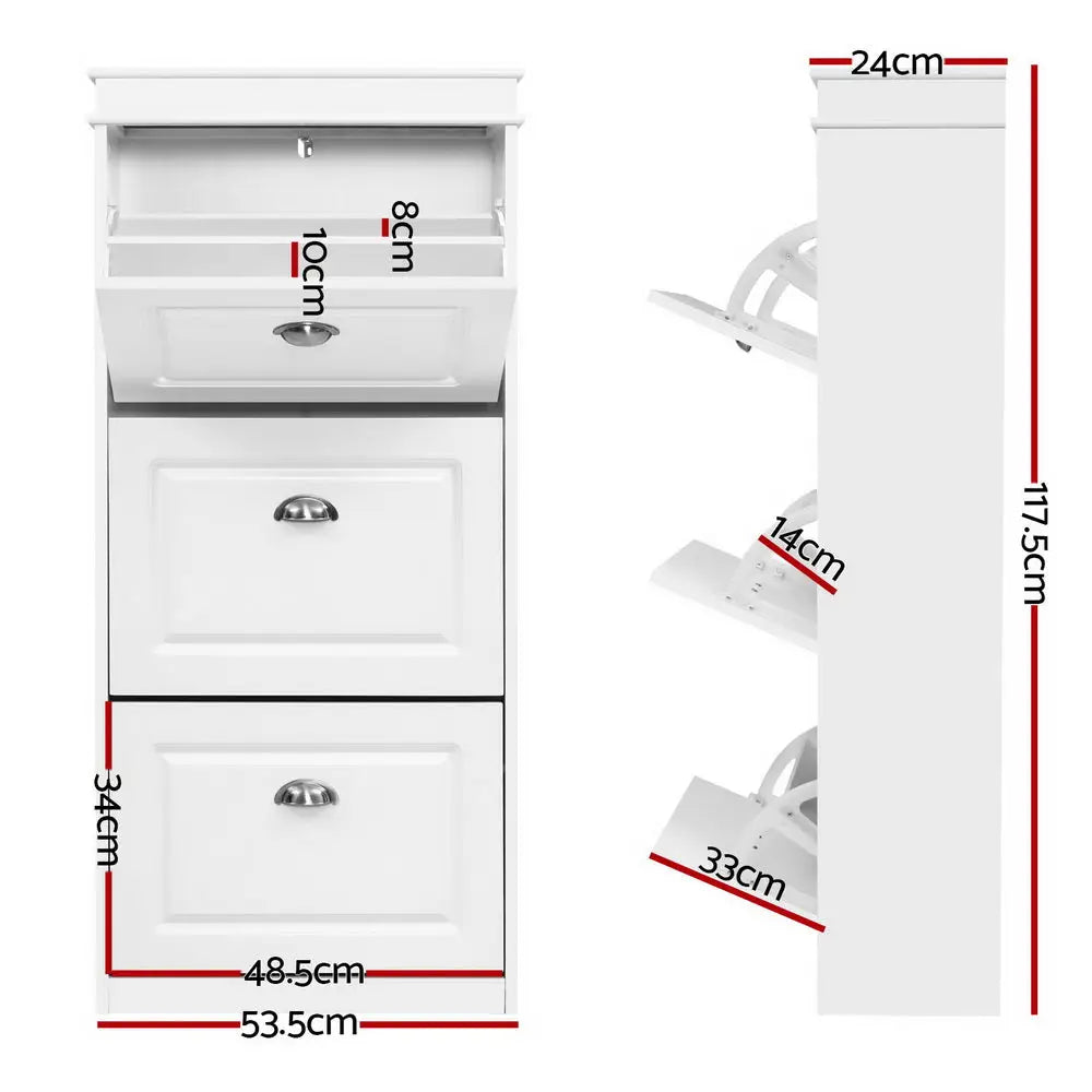 Artiss Shoe Cabinet 18 Pairs 3-tier White Sena - Furniture > Living Room