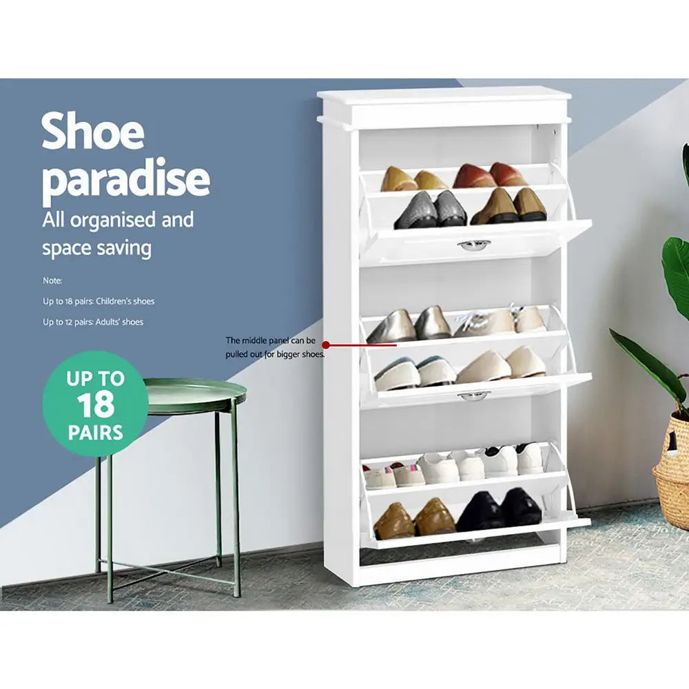 Artiss Shoe Cabinet 18 Pairs 3-tier White Sena - Furniture > Living Room