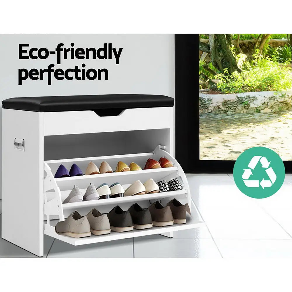 Artiss Shoe Cabinet Bench Shoes Organiser Storage Rack Cupboard White 15 Pairs - Furniture > Living Room