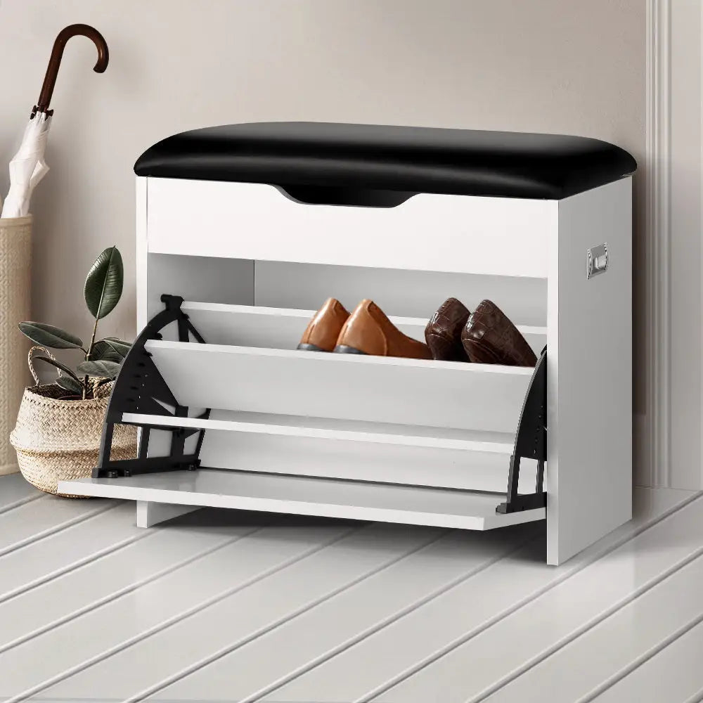 Artiss Shoe Cabinet Bench Shoes Organiser Storage Rack Cupboard White 15 Pairs - Furniture > Living Room