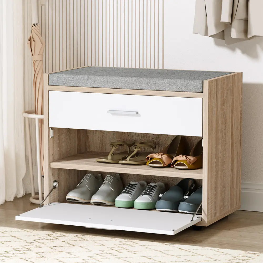 Artiss Shoe Cabinet Bench Shoes Storage Organiser Rack Fabric Seat Wooden Cupboard Up to 8 pairs - Furniture > Living