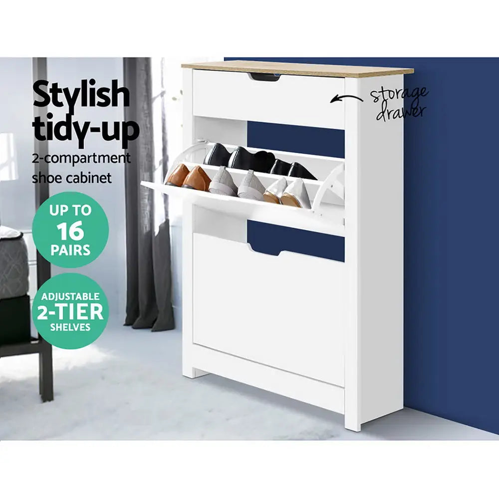 Artiss Shoe Cabinet Rack Storage Organiser Cupboard Shelf Drawer 16 Pairs White - Furniture > Living Room