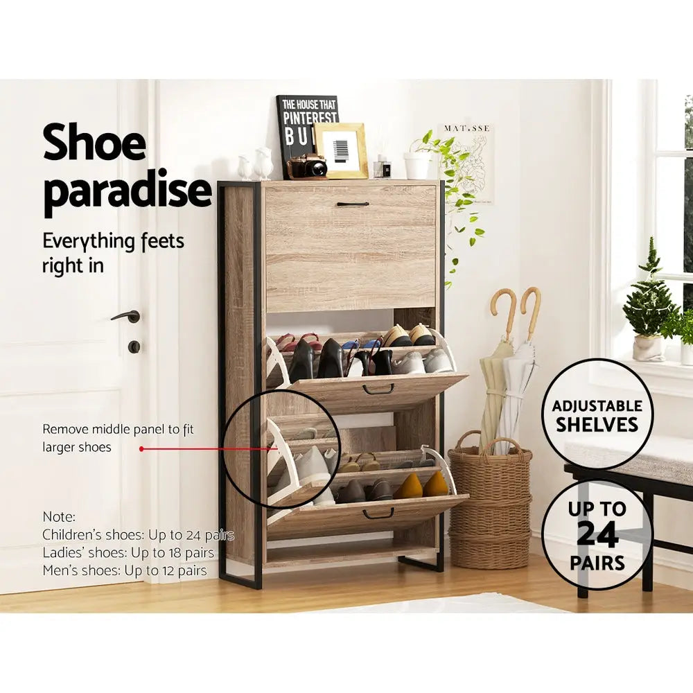 Artiss Shoe Cabinet Shoes Storage Rack Wooden Organiser Up to 24 Pairs Shelf Cupboard Metal Frame - Furniture > Living