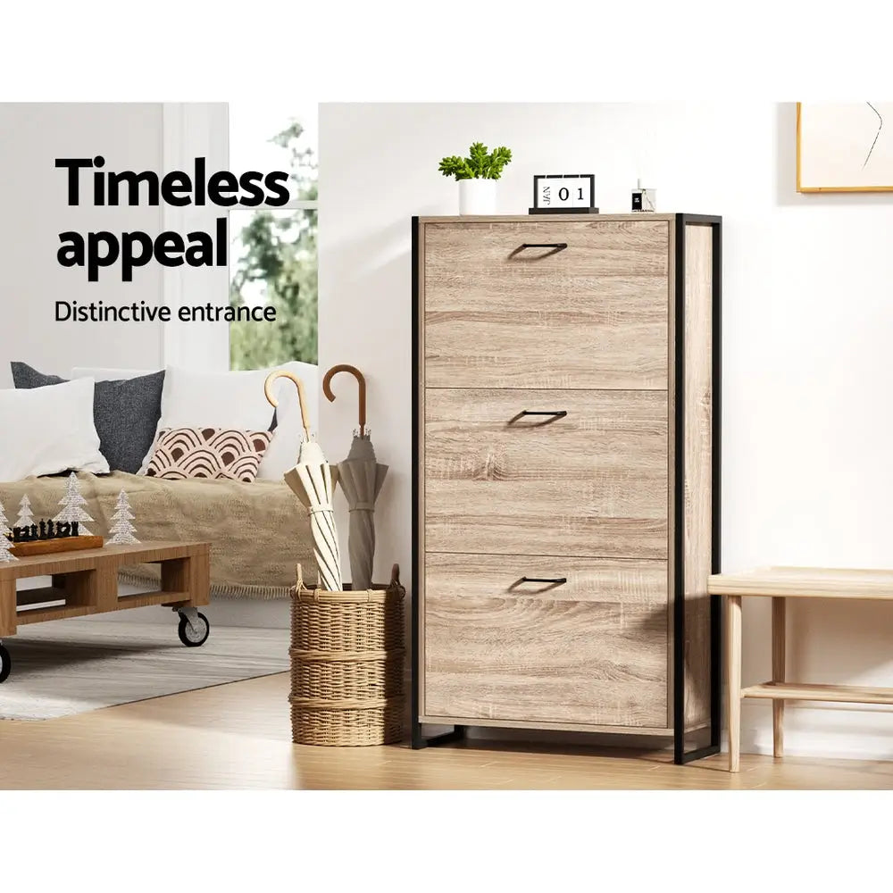 Artiss Shoe Cabinet Shoes Storage Rack Wooden Organiser Up to 24 Pairs Shelf Cupboard Metal Frame - Furniture > Living