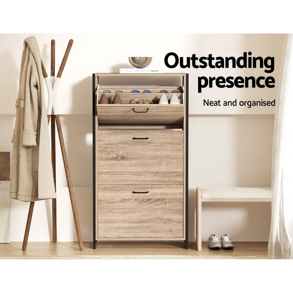 Artiss Shoe Cabinet Shoes Storage Rack Wooden Organiser Up to 24 Pairs Shelf Cupboard Metal Frame - Furniture > Living