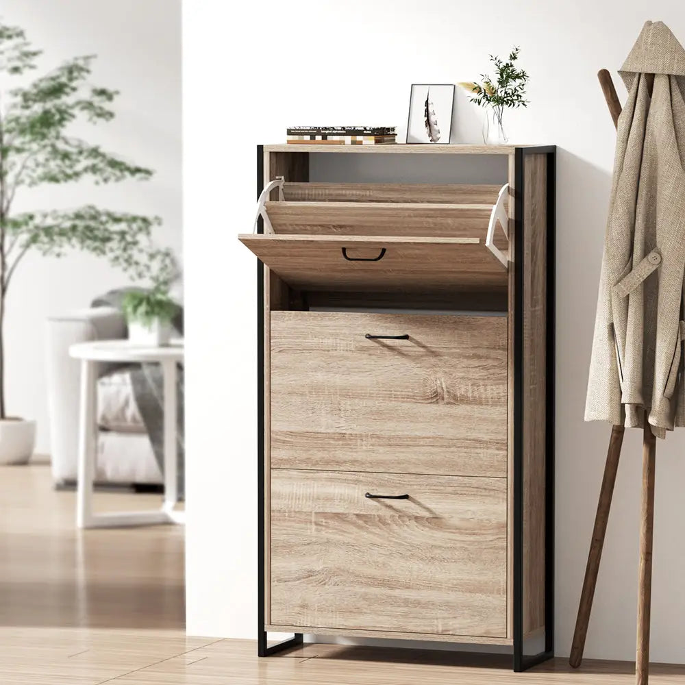 Artiss Shoe Cabinet Shoes Storage Rack Wooden Organiser Up to 24 Pairs Shelf Cupboard Metal Frame - Furniture > Living
