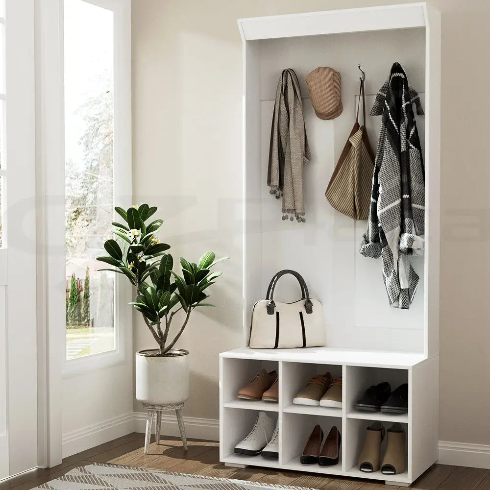 Artiss Shoe Cabinet Storage Rack Shoe Bench Hall Tree Coat Rack White 180CM - Furniture > Living Room