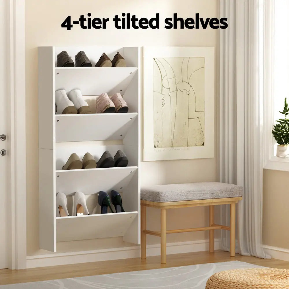 Artiss Shoe Rack 2-tier 12 Pairs Wall Mounted x2 - White - Furniture > Bedroom