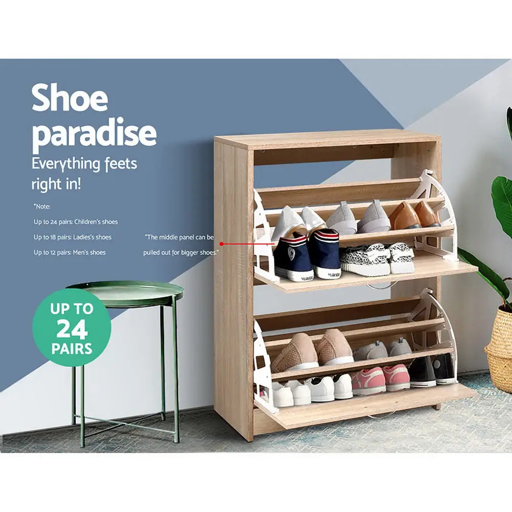Artiss Shoe Rack Cabinet 24 Pairs 3-tier Wood Nina - Furniture > Living Room > Shoe Storage