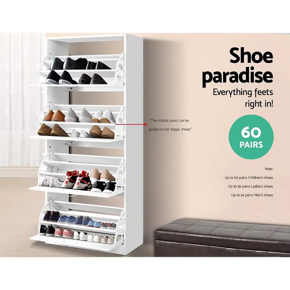 Artiss Shoe Rack Cabinet 60 Pairs 4 Doors - White - Furniture > Living Room > Shoe Storage