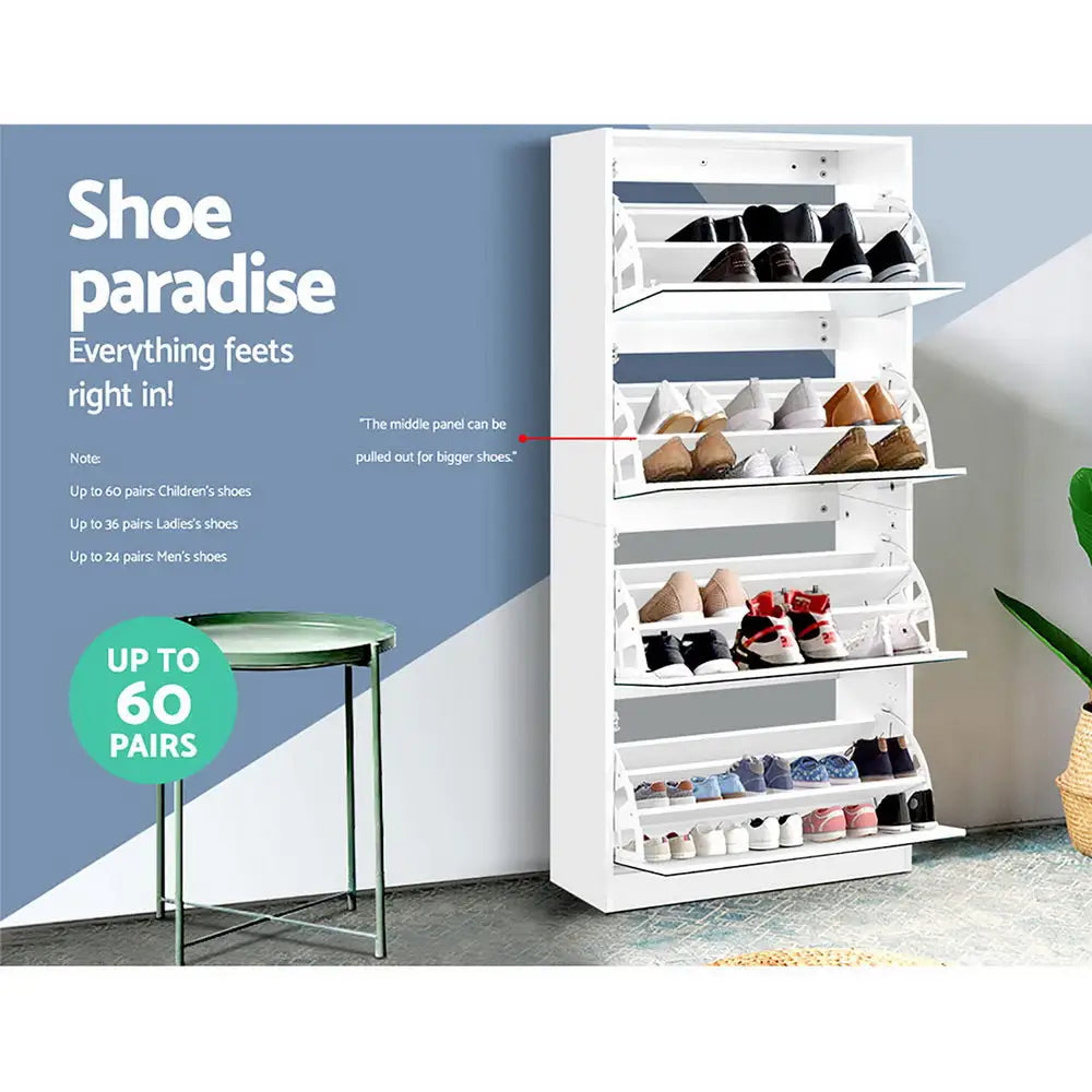 Artiss Shoe Rack Cabinet Mirror 60 Pairs White Rira - Furniture > Living Room > Shoe Storage