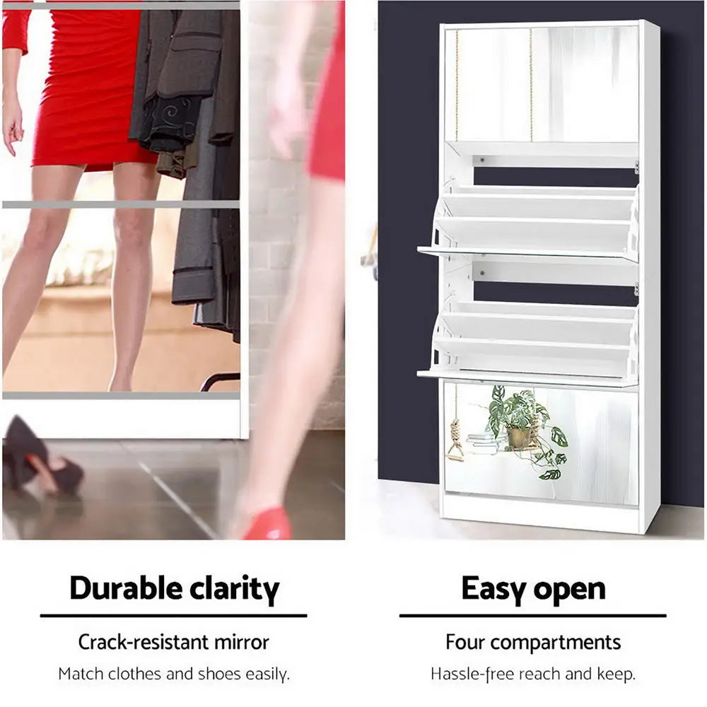 Artiss Shoe Rack Cabinet Mirror 60 Pairs White Rira - Furniture > Living Room > Shoe Storage