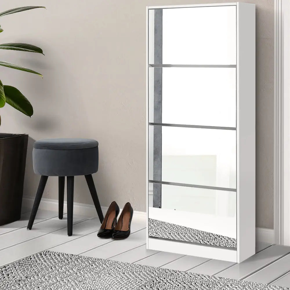 Artiss Shoe Rack Cabinet Mirror 60 Pairs White Rira - Furniture > Living Room > Shoe Storage