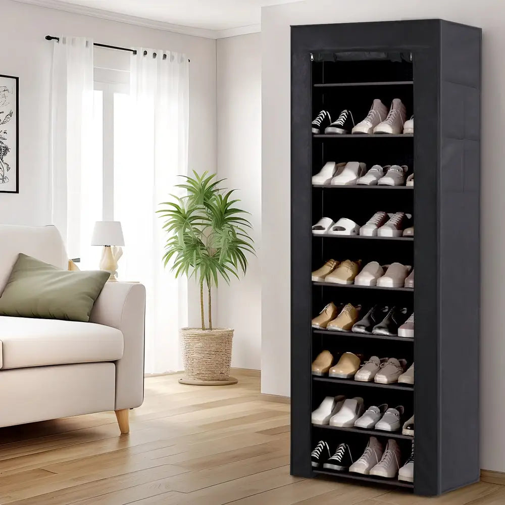 Artiss Shoe Rack Cabinet Removable Cover 10 tier Black - Furniture > Living Room > Shoe Storage