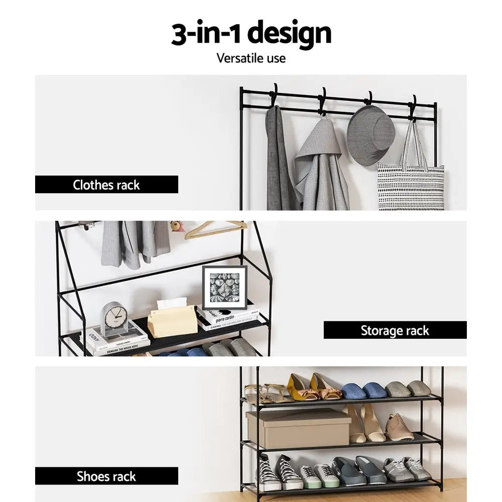 Artiss Shoe Rack Coat Hat Stand Hallway Shoes Storage Tree Metal Shelves Black - Furniture > Living Room