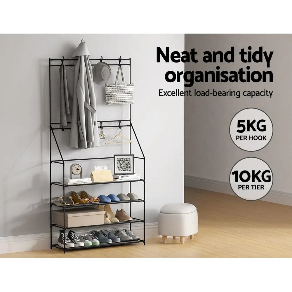 Artiss Shoe Rack Coat Hat Stand Hallway Shoes Storage Tree Metal Shelves Black - Furniture > Living Room
