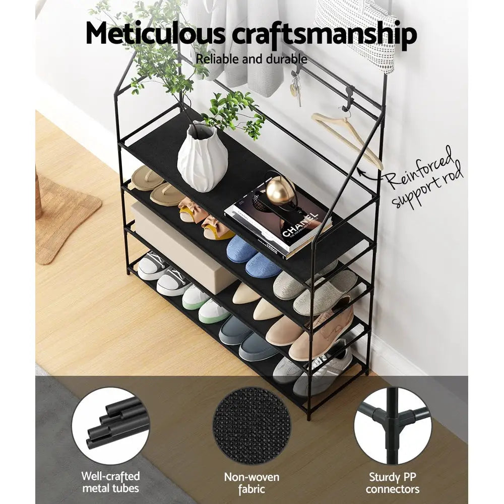 Artiss Shoe Rack Coat Hat Stand Hallway Shoes Storage Tree Metal Shelves Black - Furniture > Living Room