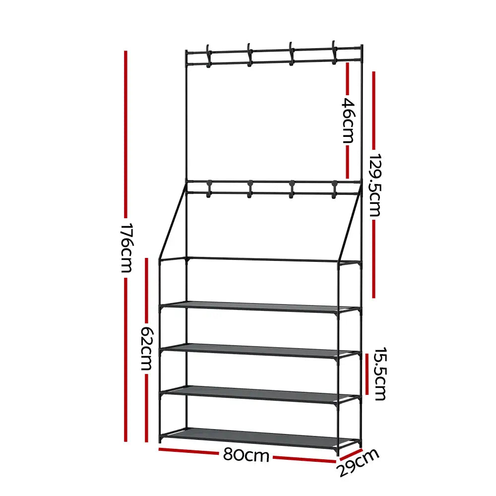 Artiss Shoe Rack Coat Hat Stand Hallway Shoes Storage Tree Metal Shelves Black - Furniture > Living Room