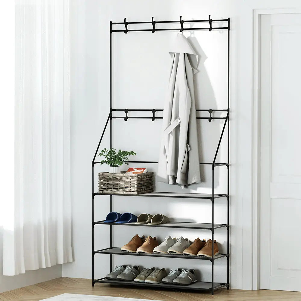 Artiss Shoe Rack Coat Hat Stand Hallway Shoes Storage Tree Metal Shelves Black - Furniture > Living Room