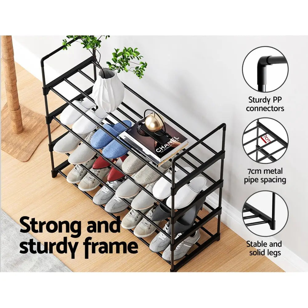 Artiss Shoe Rack Stackable 4 Tiers 80cm Shoes Shelves Storage Stand Black - Furniture > Living Room