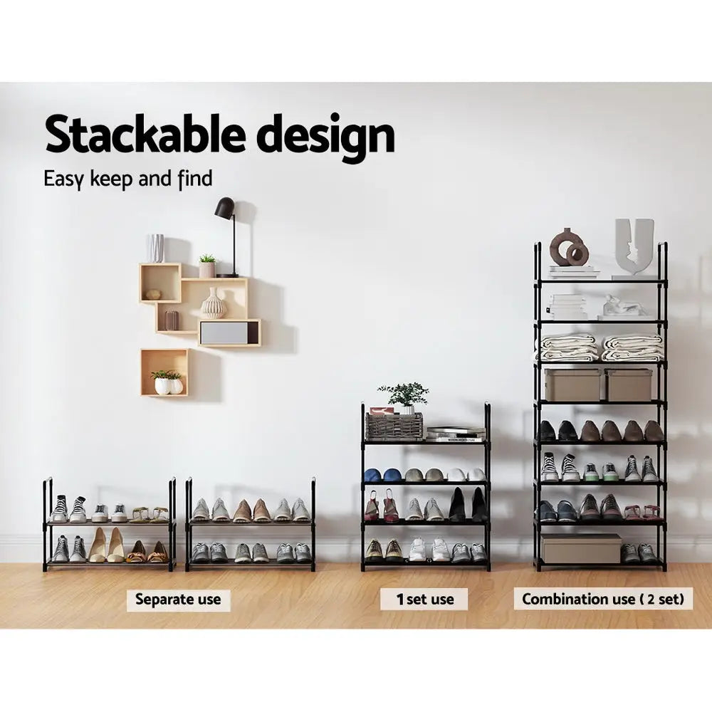 Artiss Shoe Rack Stackable Shelves 4 Tiers 55cm Shoes Storage Stand Black - Furniture > Living Room