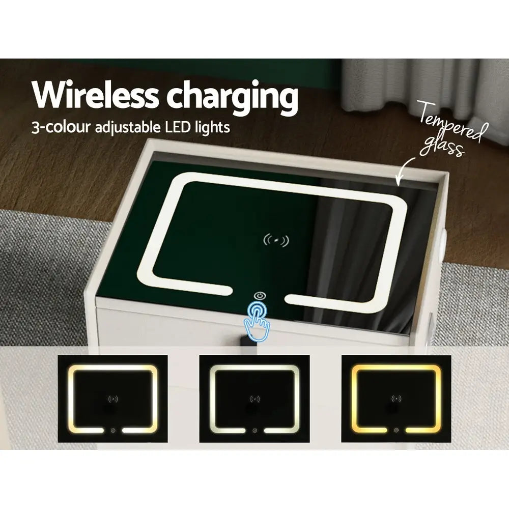 Artiss Smart Bedside Table 2 Drawers with Wireless Charging Ports LED White AIKA - Furniture > Bedroom