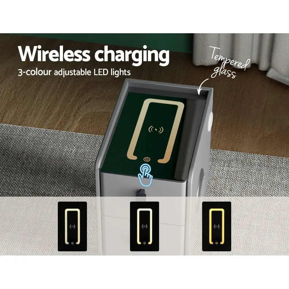 Artiss Smart Bedside Table 2 Drawers with Wireless Charging Ports LED Grey AIDA - Furniture > Bedroom