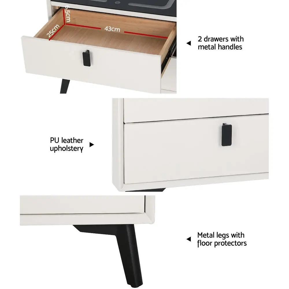 Artiss Smart Bedside Table 2 Drawers with Wireless Charging Ports LED White AIKA - Furniture > Bedroom