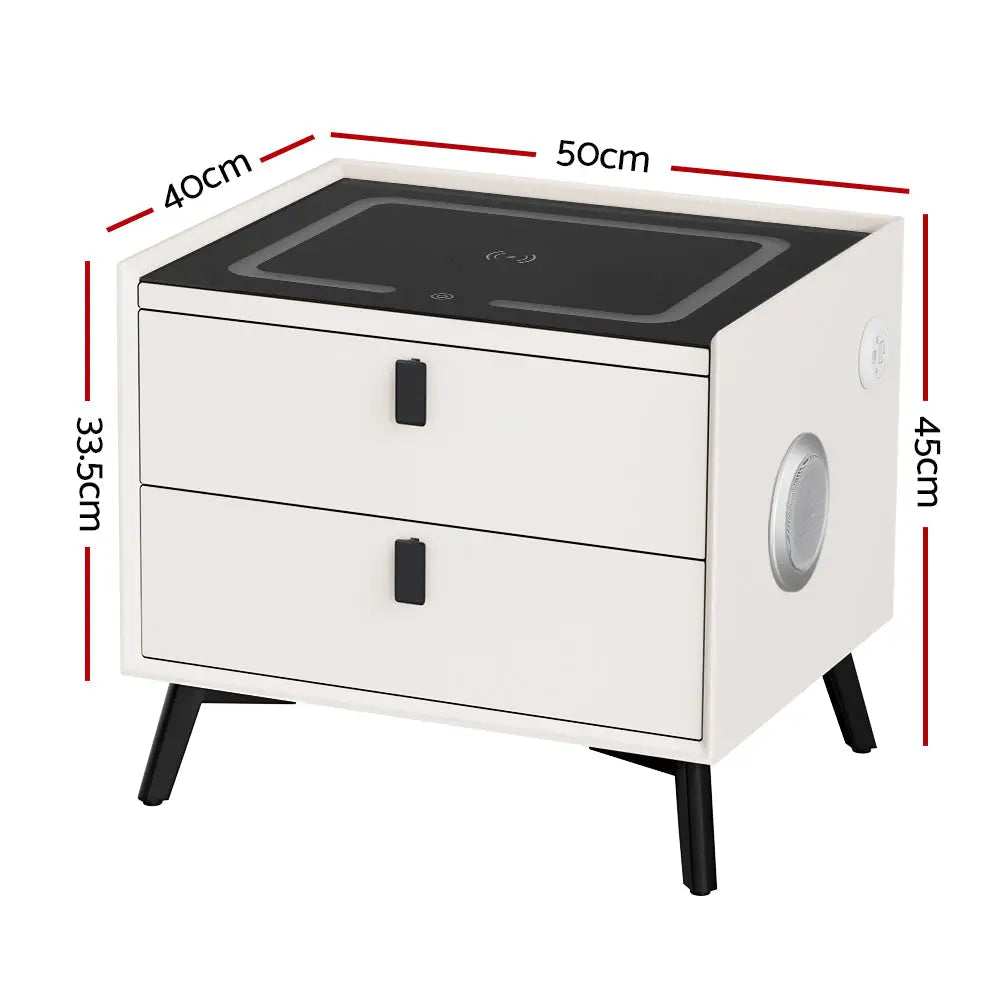 Artiss Smart Bedside Table 2 Drawers with Wireless Charging Ports LED White AIKA - Furniture > Bedroom