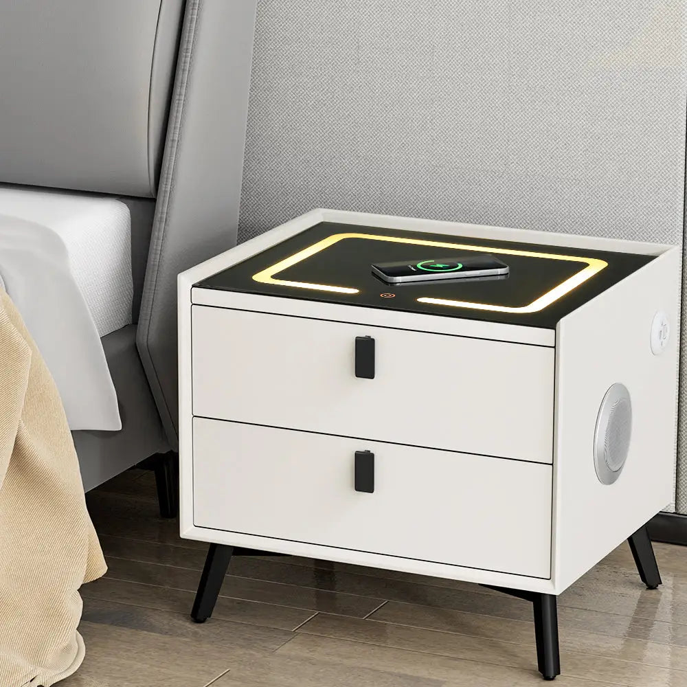 Artiss Smart Bedside Table 2 Drawers with Wireless Charging Ports LED White AIKA - Furniture > Bedroom
