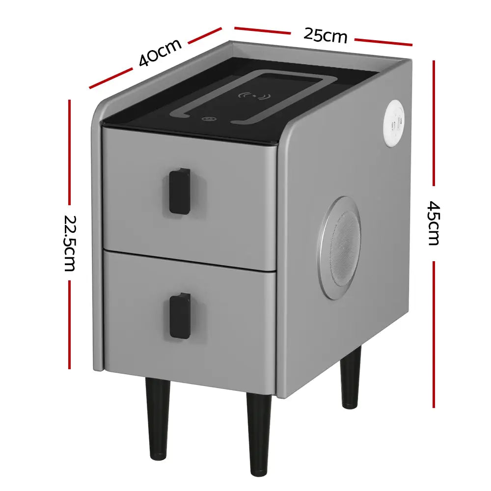 Artiss Smart Bedside Table 2 Drawers with Wireless Charging Ports LED Grey AIDA - Furniture > Bedroom