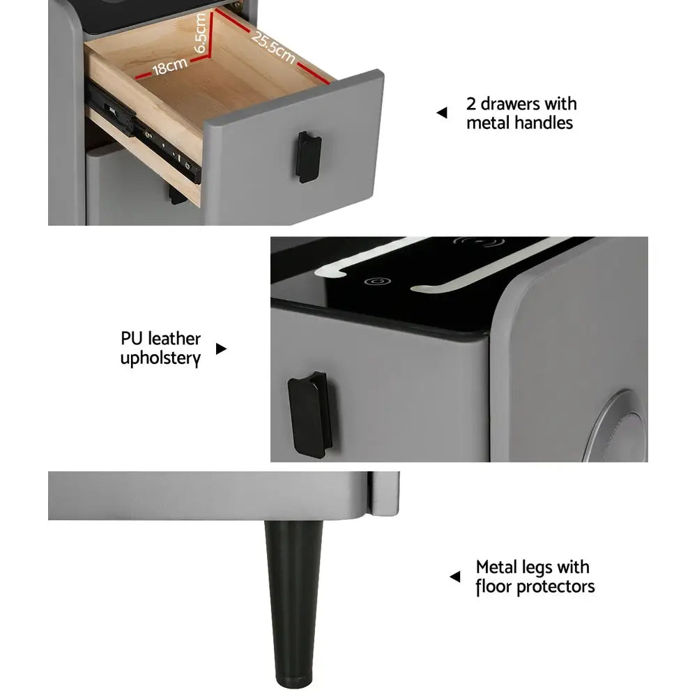 Artiss Smart Bedside Table 2 Drawers with Wireless Charging Ports LED Grey AIDA - Furniture > Bedroom