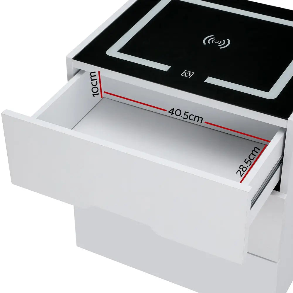 Artiss Smart Bedside Table 3 Drawers with Wireless Charging Ports LED White ADAD - Furniture > Bedroom > Bedside Tables