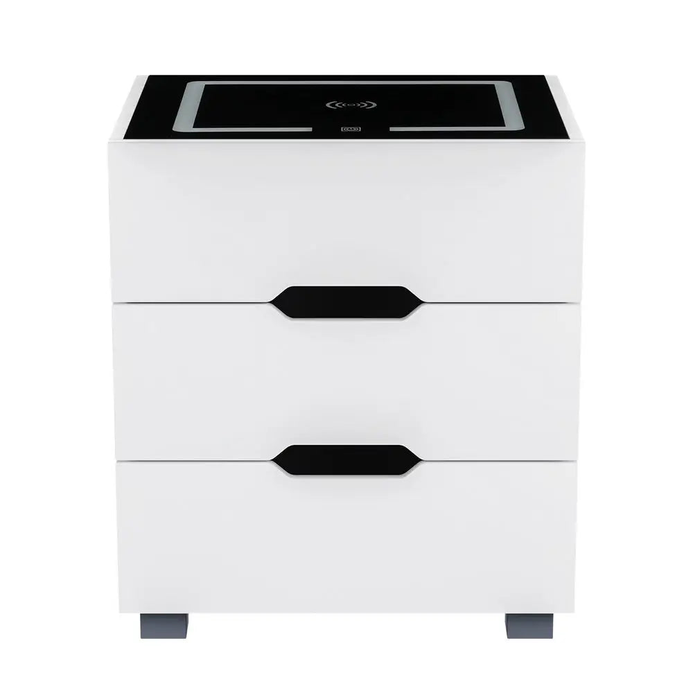 Artiss Smart Bedside Table 3 Drawers with Wireless Charging Ports LED White ADAD - Furniture > Bedroom > Bedside Tables