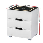 Artiss Smart Bedside Table 3 Drawers with Wireless Charging Ports LED White ADAD - Furniture > Bedroom > Bedside Tables