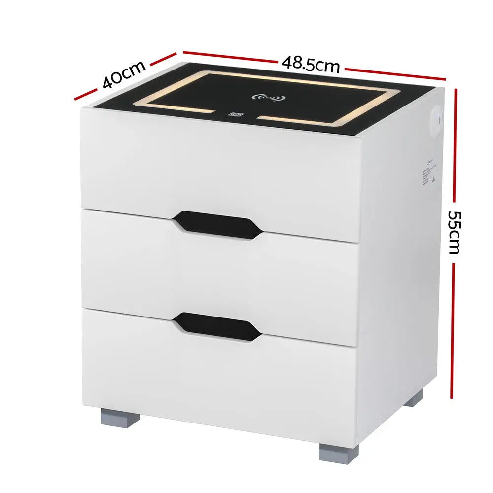 Artiss Smart Bedside Table 3 Drawers with Wireless Charging Ports LED White ADAD - Furniture > Bedroom > Bedside Tables