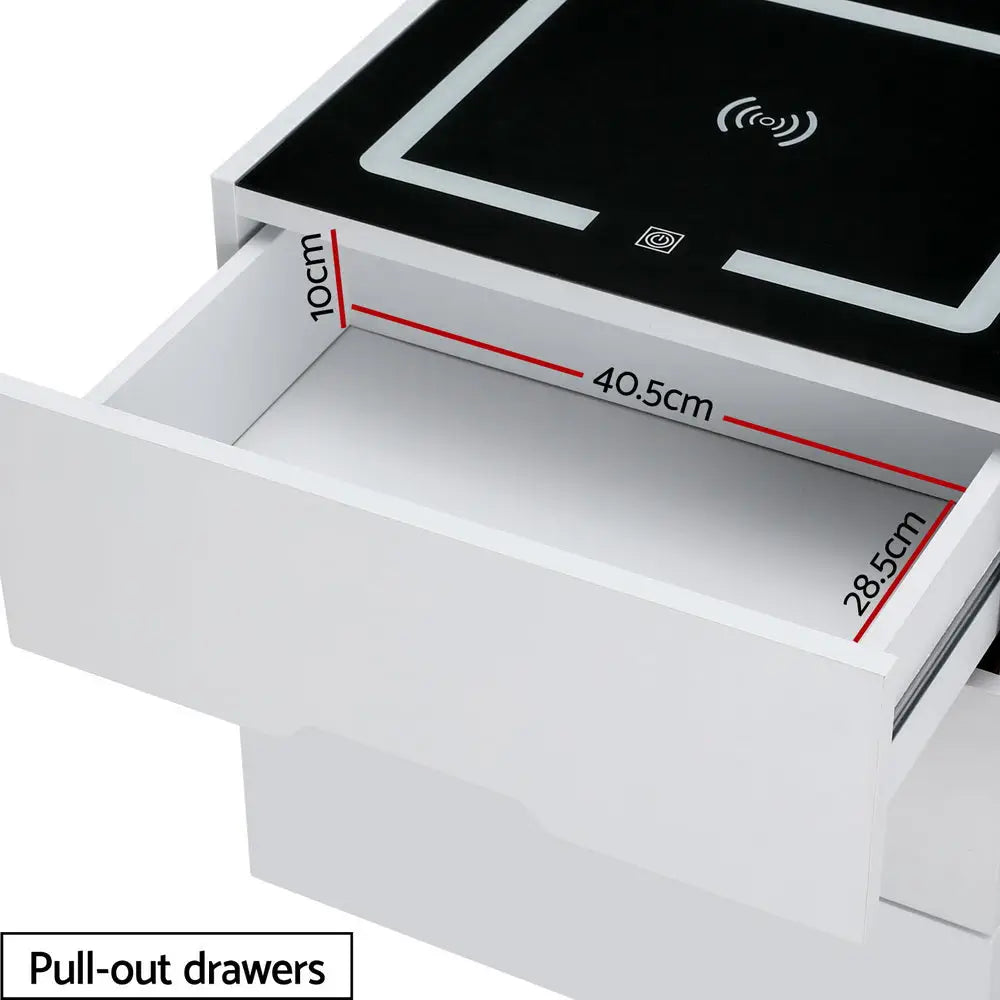 Artiss Smart Bedside Table 3 Drawers with Wireless Charging Ports LED White ADAD - Furniture > Bedroom > Bedside Tables