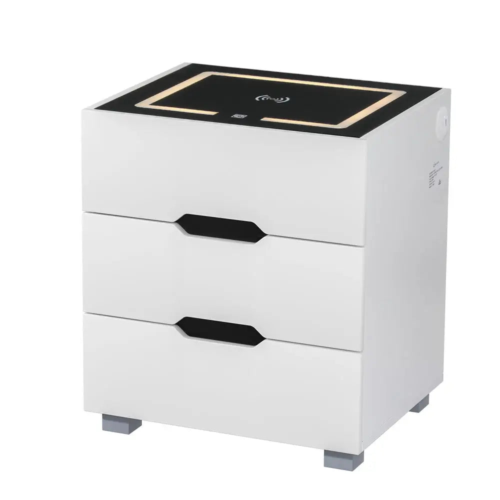 Artiss Smart Bedside Table 3 Drawers with Wireless Charging Ports LED White ADAD - Furniture > Bedroom > Bedside Tables