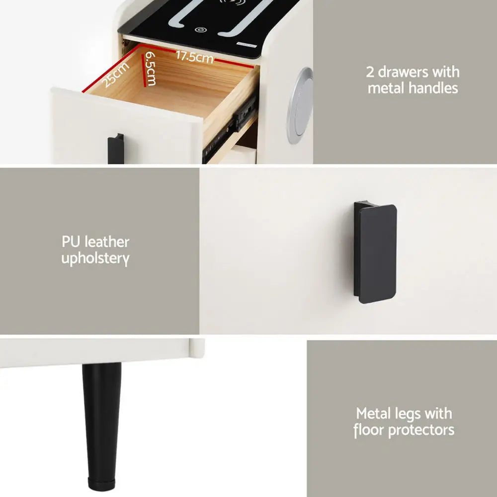 Artiss Smart Bedside Table with Wireless Charging - AIDA White - Furniture > Bedroom > Bedside Tables